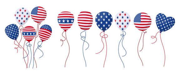 Balloon USA flag cartoon set. 4th July celebration americans Independence day. American helium air balloons bunch, circle, heart shape. National symbol party surprise. Isolated vector illustration