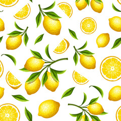 Vector seamless pattern with yellow lemon fruit and lemon branches on a white background. - obrazy, fototapety, plakaty