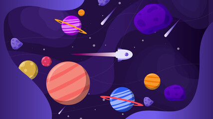 horizontal space background with abstract shape and planets
