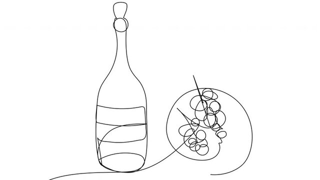A bottle of wine and grapes painted with one line on a white background. An image of natural wine creation. Stock video selfie drawing bottles and berries. Still life for whiteboard and presentations.