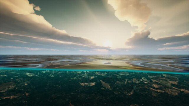 underwater view with horizon and water surface split by waterline