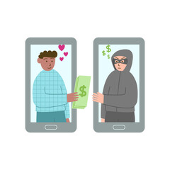 Online dating scam concept, flat ilusration