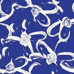 Fototapeta premium Blue Floral Brush strokes Seamless Pattern Background