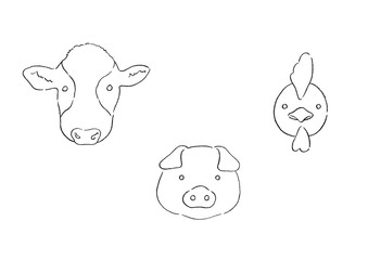 牛と豚と鶏の顔のイラスト