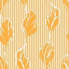 Fototapeta na wymiar Orange Botanical Floral Seamless Pattern with striped Background