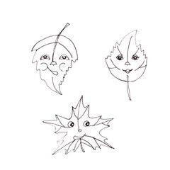 Tree leaves with faces, leaf personalization, graphic black and white drawing, ecological concept