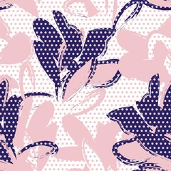 Pink Navy Botanical Tropical Floral Seamless Pattern with dotted Background