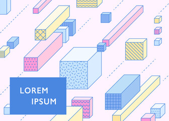 Cubes of various sizes and lengths are oriented in one direction. Background design in which three-dimensional figures with outlines are arranged in a speedy manner.