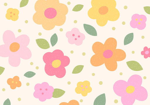 Hand drawn untrimmed cute shapes floral background design. Pink and orange colored flowers are evenly scattered.