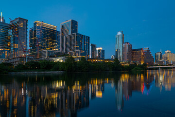 Obraz na płótnie Canvas Downtown Skyline of Austin, Texas in USA. Austin Sunset on the Colorado River. Night sunset city.