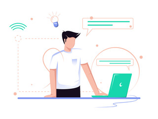 Business concept illustration. Men take part in business activities. set up business in front of the laptop. Trendy vector style.