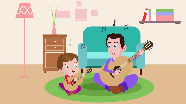 Boy and his father playing guitar at home