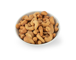 Cashew nuts in white bowl isolated on white background with clipping path.