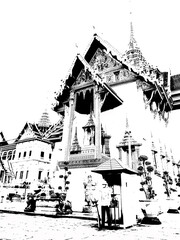 Temple of the Emerald Buddha the Grand Palace Bangkok Thailand Black and white illustrations.