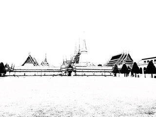 Temple of the Emerald Buddha the Grand Palace Bangkok Thailand Black and white illustrations.