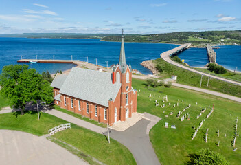 Aerial view of church in Iona, Nova Scotia - obrazy, fototapety, plakaty
