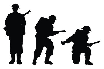 Set of Great British soldiers with a rifle weapon during world war 2 silhouette vector on white background