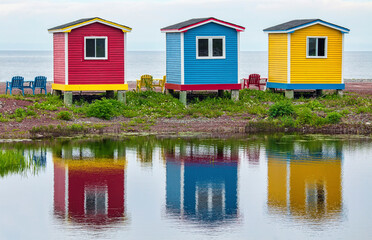 Three colorful huts
