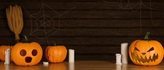 Halloween decoration concept with pumpkin lamps and candles on wooden table, 3D rendering