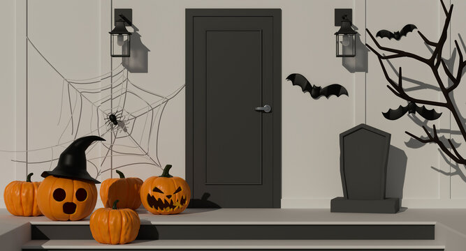Halloween home decorations with pumpkin lamps and scary items decorated front of the door, 3D rendering