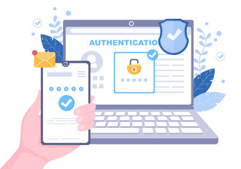 Authentication Security Vector Illustration Via Phone Or Computer For Code Message Shield And Password Secure Notice Login