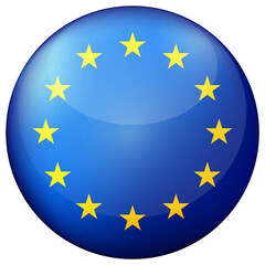 Glass light ball with European Union flag. Round sphere, template icon. EU national symbol. Glossy realistic ball, 3D abstract vector illustration highlighted on a white background. Big bubble