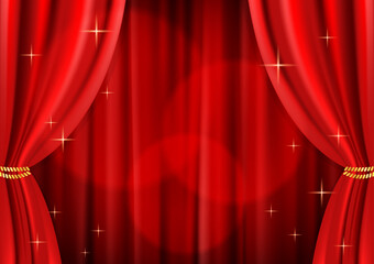 スポットライトが当たっている高級感のあるキラキラしたレッドカーテンのイラスト(ベクターあり)