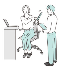 シンプル　イラスト　ミーティングで確認し合うビジネスパーソン