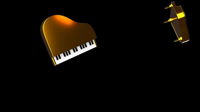 Many gold pianos on black background.
3D rendered animation.
