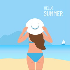 A young woman in a swimsuit and a hat stands on the sea coast. Back view.Landscape with blue water, mountains and a sailboat. Summer and vacation concept.Vector illustration.