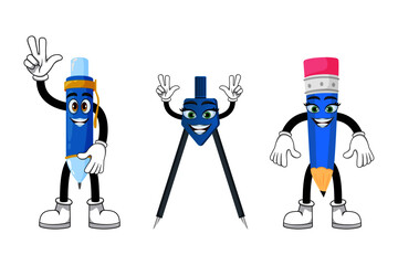 Mascot pen pencil and geometric  compass characters standing and waving with colorful outfit isolated