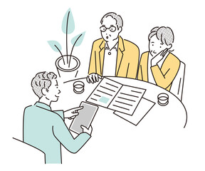 シンプル　イラスト　老後の資産運用を相談するシニア夫婦