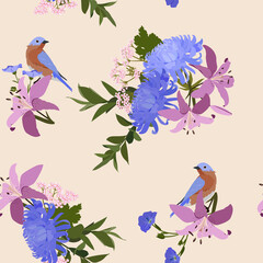 Seamless background with Japanese chrysanthemums, lily and birds on beige background.