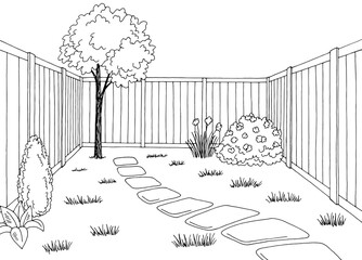 Backyard garden graphic black white sketch illustration vector