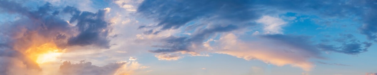 Dramatic panorama sky with cloud on sunrise and sunset time. Panoramic image.