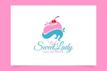 Sweet lady logo with a picture of a woman's face changed into a cake for all businesses, especially for bakery, cakery, cake art, cake school, etc.