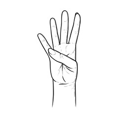 Four raised fingers. Fingers showing number four to express the quantity. Sketch vector illustration isolated in white background