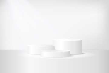Three-level white podium on white background with reflection. Three simple cylinder geometric pedestals for product presentation. Realistc vector, 3d illustration - 439227111