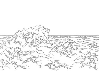 Storm sea wave graphic surf black white seascape sketch illustration vector 