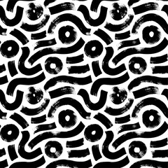 Black and white wavy organic rounded shapes seamless pattern. Organic irregular circular vector lines or fingerprint pattern. Seamless black and white chaotic vector design in Memphis style