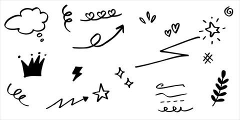 hand drawn set of curly swishes, swashes, swoops. Abstract arrows,  Arrow, heart, love, star, leaf, sun, light, crown, king, queen, on doodle style for concept design. vector illustration.