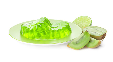 Plate with tasty kiwi jelly on white background