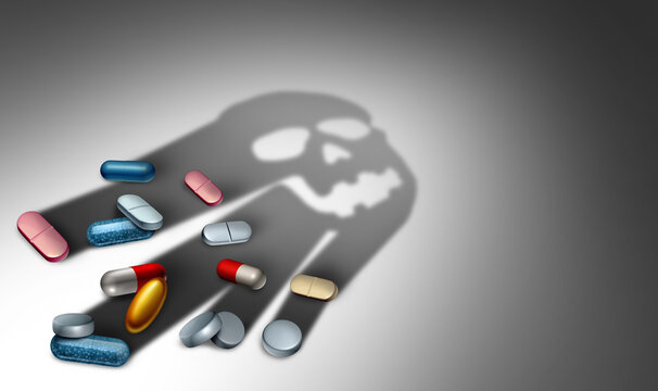 Dangers of medicine and prescription pain medication danger or the health risk opioid painkiller and prescribed pills concept as the shadow of a death skull 