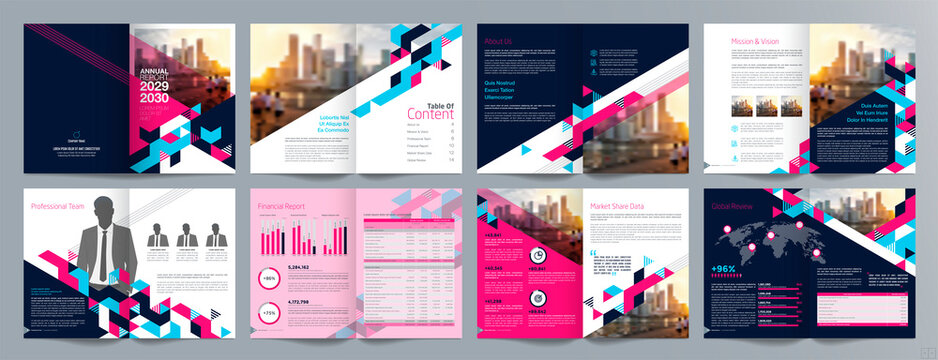 Corporate business presentation guide brochure template, Annual report, 16 page minimalist flat geometric business brochure design template, A4 size.