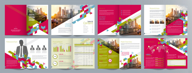 Corporate business presentation guide brochure template, Annual report, 16 page minimalist flat geometric business brochure design template, A4 size.