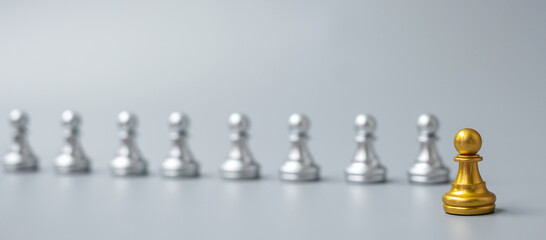 Gold Chess Pawn figure Stand out from the crowd on Chessboard background. Strategy, leadership, business, teamwork, different, Unique and Human resource management concept - obrazy, fototapety, plakaty