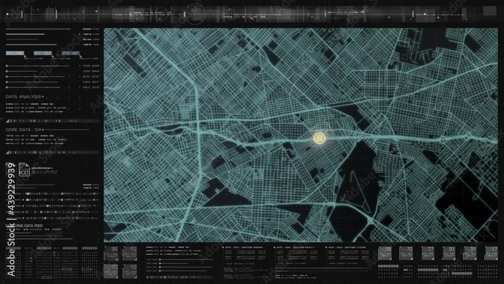 Poster Futuristic digital city map layout with satellite GPS coordinate searching and target tracking, interface head up display screen with data telemetry information for background display