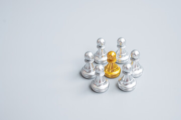 golden chess pawn pieces or leader  leader businessman with circle of silver men. leadership, business, team, and teamwork concept