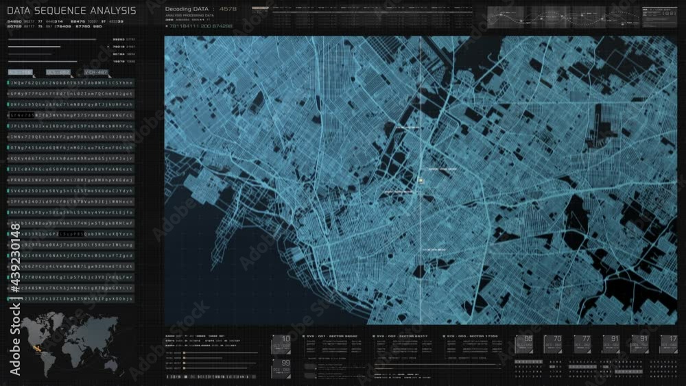 Poster Futuristic digital city map layout with satellite GPS coordinate searching and target tracking, interface head up display screen with data telemetry information for background display