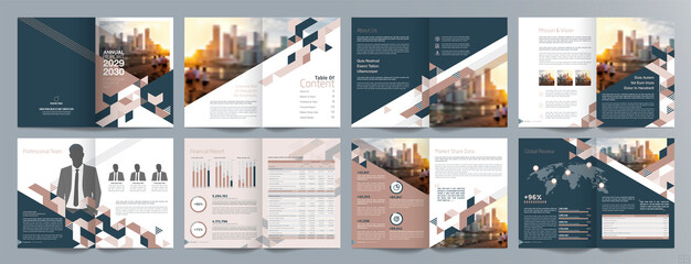 Corporate business presentation guide brochure template, Annual report, 16 page minimalist flat geometric business brochure design template, A4 size.